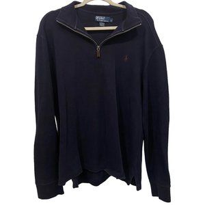 POLO RALPH LAUREN Men's Sweater NAVY BLUE 1/4 Zip Cotton Pullover Brown Logo L